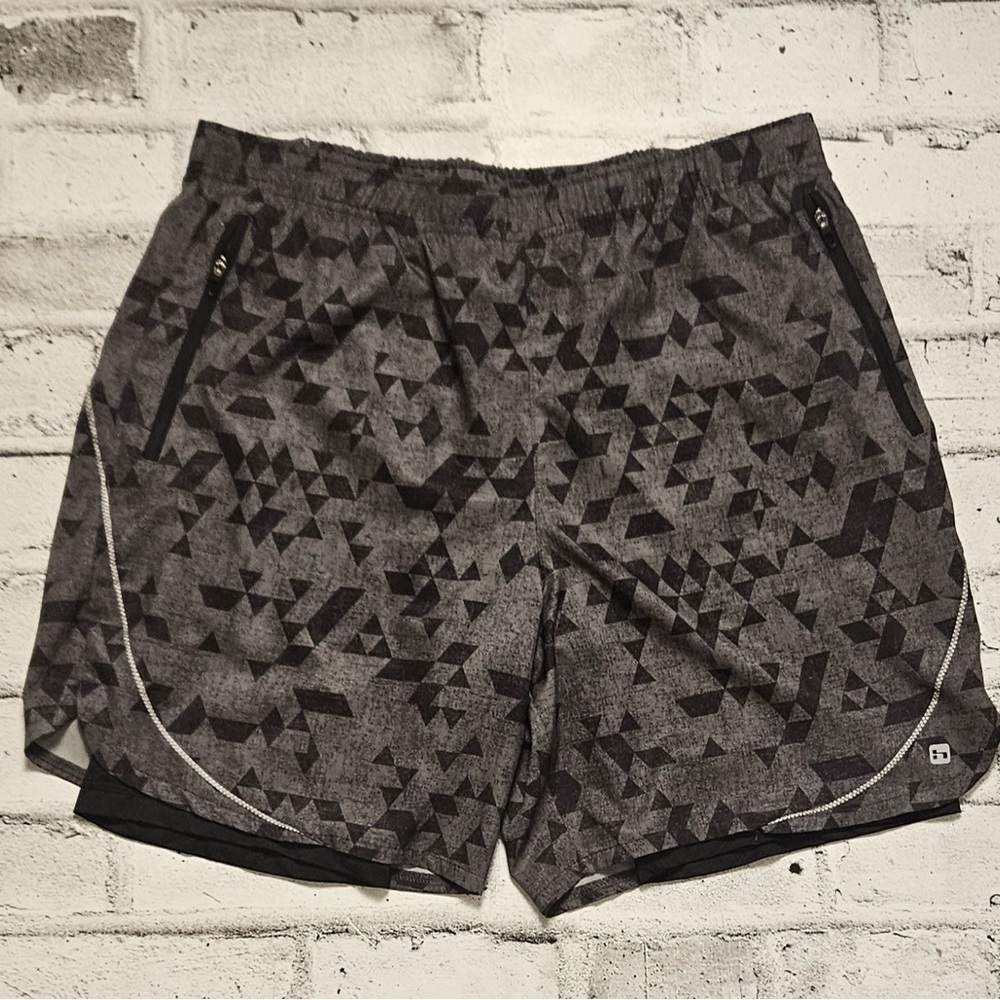 Hind Running Shorts Gray Black Geometric Print Zip Pocket Large